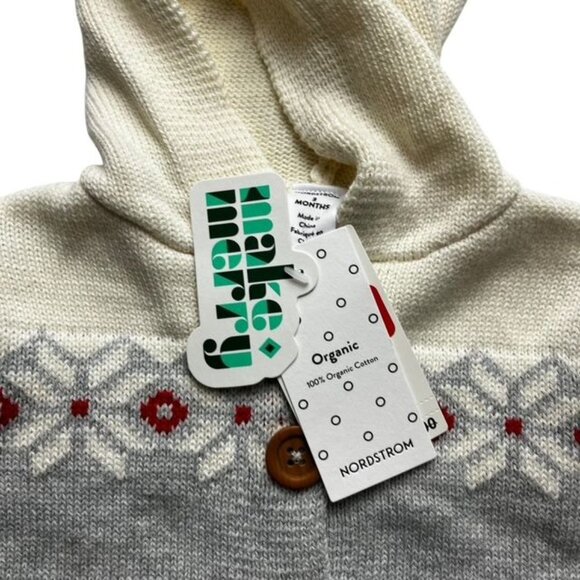 Nordstrom Organic Cotton Heather Gray Fair Isle Hooded Cardigan 3 Months New - Picture 3 of 4
